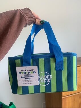Trader Joe's Striped Mini Insulated Bag - Blue & Lime Green Stripes NEW viral